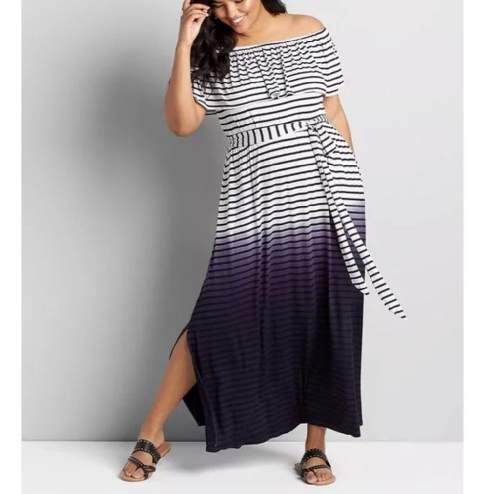 LANE BRYANT OMBRE STRIPED OFF THE SHOULDER MAXI DRESS